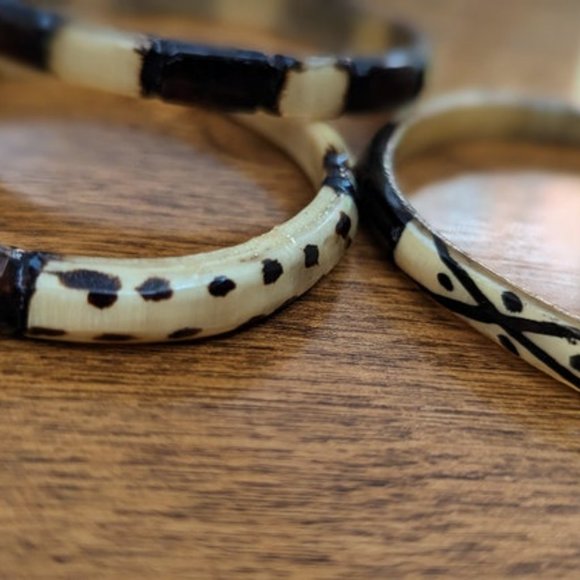 VINTAGE Painted Bangle Set of 3 Retro Boho Handmade Tribal Statement Jewelry - Picture 8 of 9